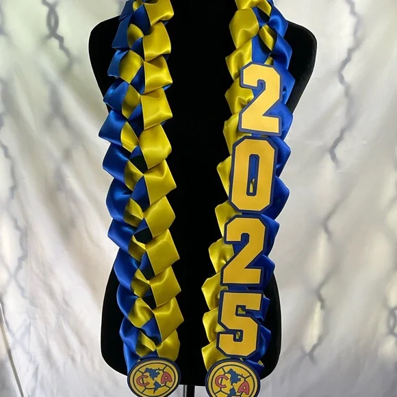Graduation Lei Club America Made with  Blue and Yellow 1-1/2 inch Satin ribbon - Picture 2 of 4
